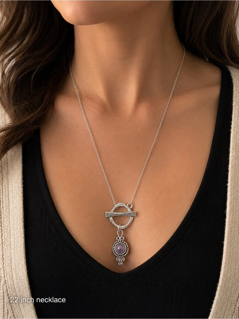 Silver Toggle Necklace Purple Stone Artisan Necklace - Picture 3 of 6